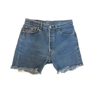 Levi’s 501 Button Fly Raw Hem Blue Jean Shorts Sz 33 Cotton USA Casual Classic